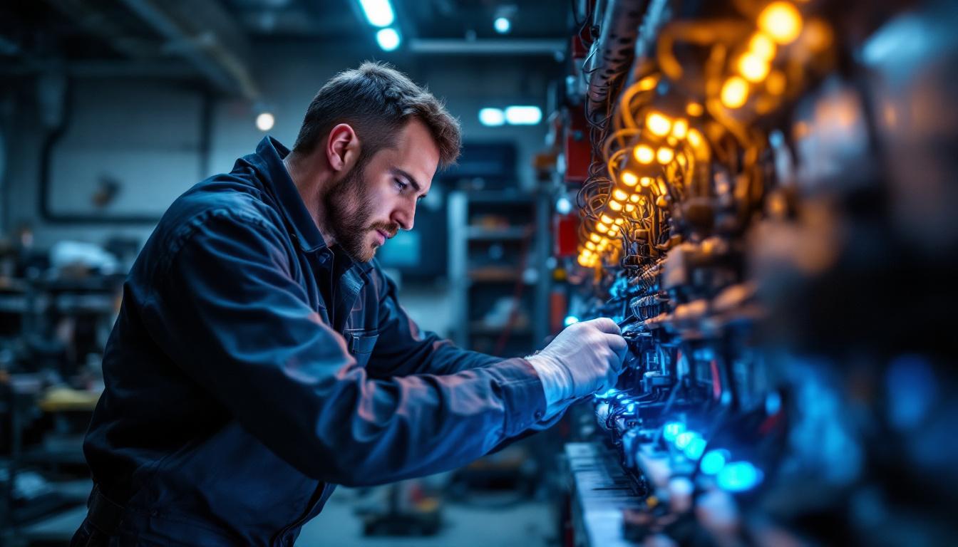 A photograph of a skilled electrical engineer working intently on a t bar led installation