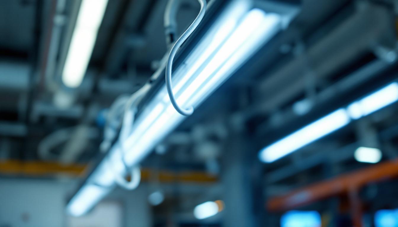 A photograph of a close-up of a fluorescent light fixture in a commercial setting