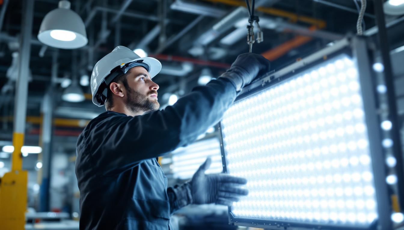 A photograph of a technician inspecting a high intensity discharge light fixture in an industrial setting