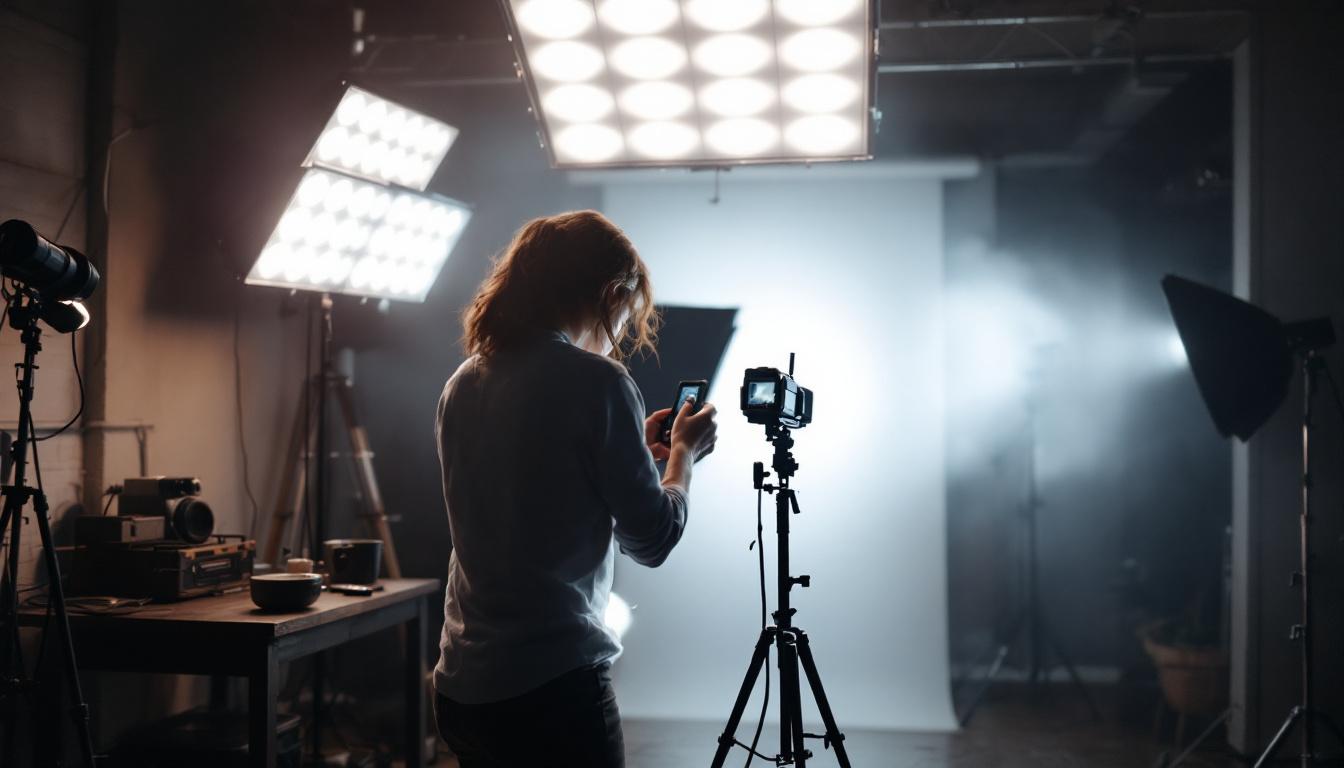 A photograph of a well-lit studio space showcasing various grid lights in use