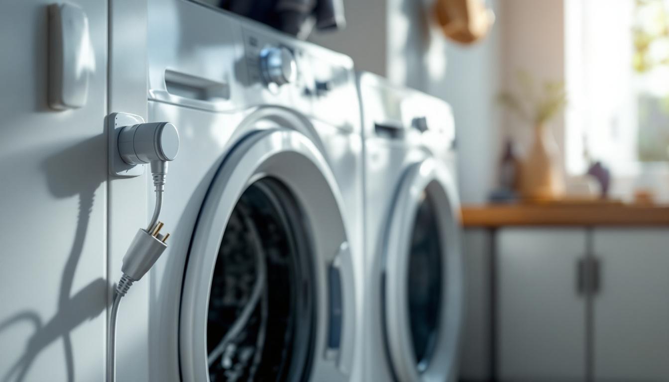 A photograph of a clothes dryer with a standard plug in a well-lit laundry room