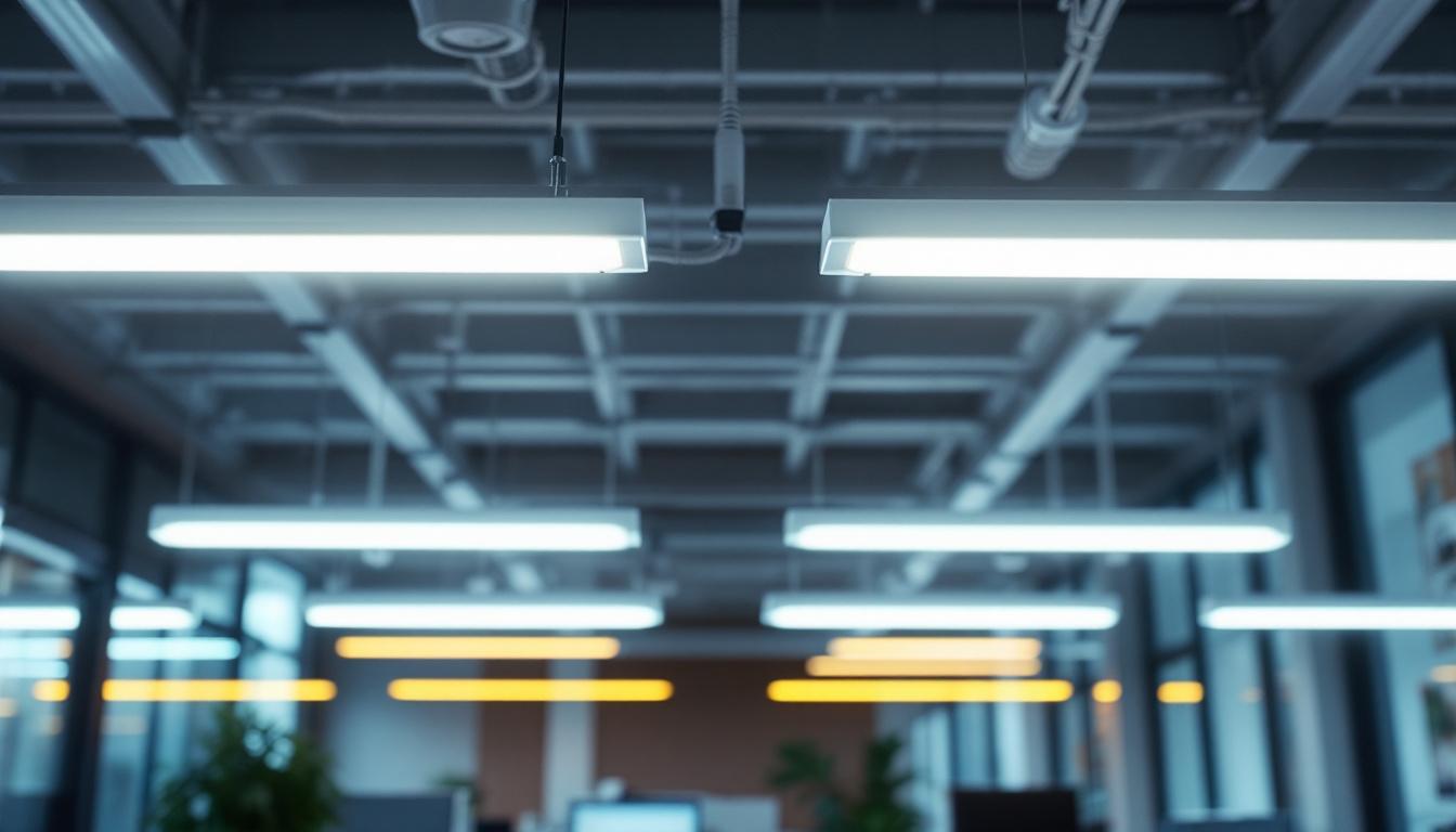 A photograph of a well-lit office or workspace featuring overhead fluorescent lights