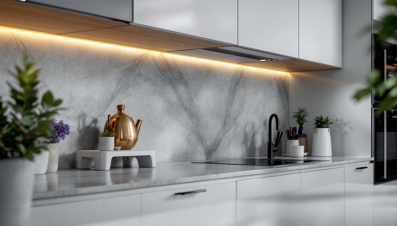 A photograph of a stylish kitchen or workspace featuring sleek black undercabinet lights
