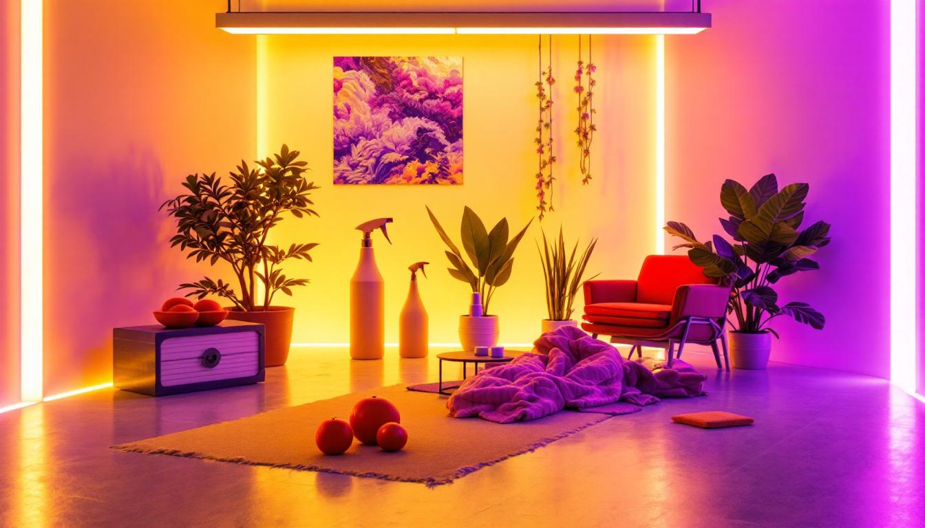 A photograph of a well-lit uv light room showcasing the effects of ultraviolet lighting on various materials