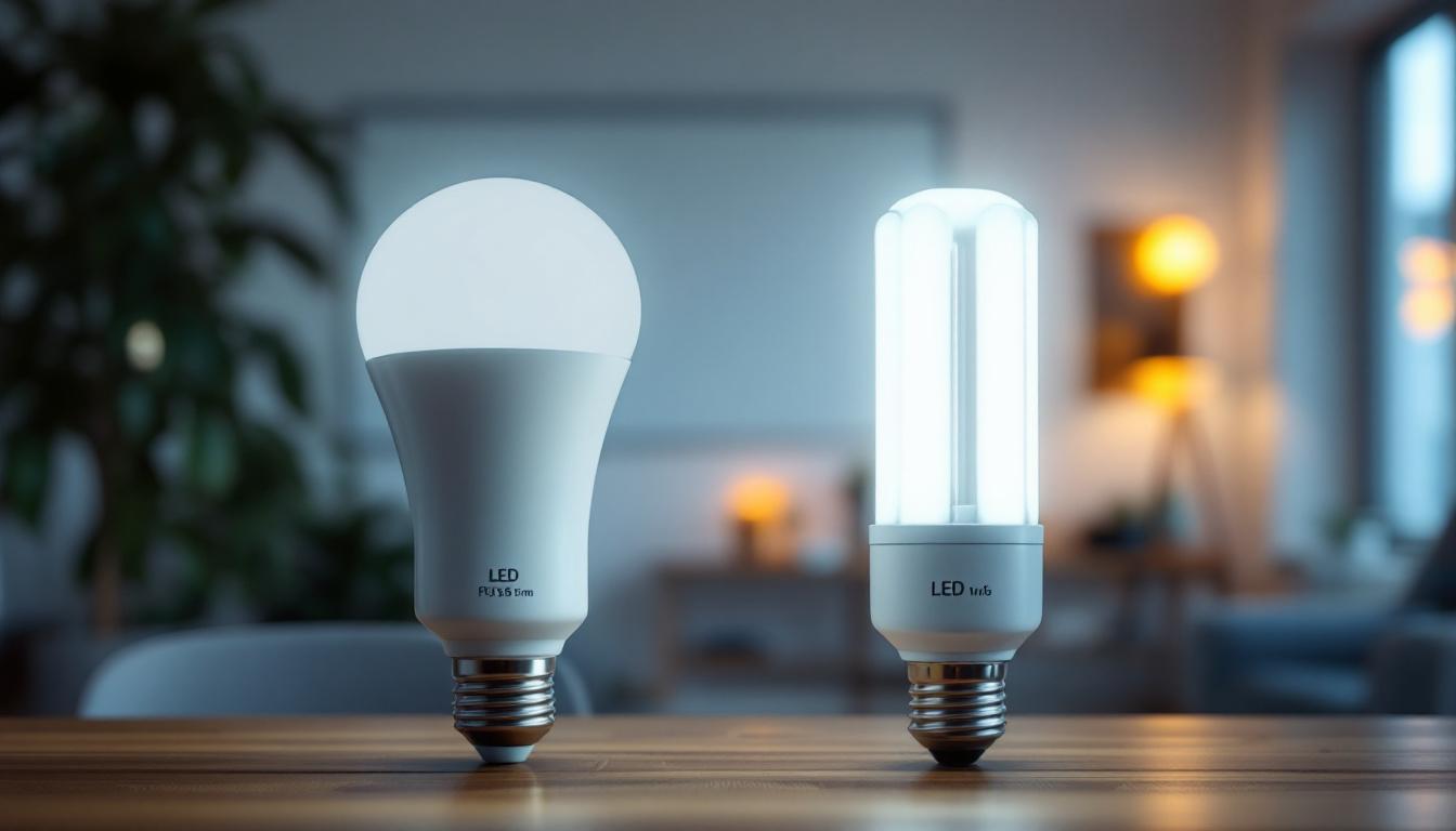 A photograph of a side-by-side comparison of led and fluorescent light bulbs in a well-lit room