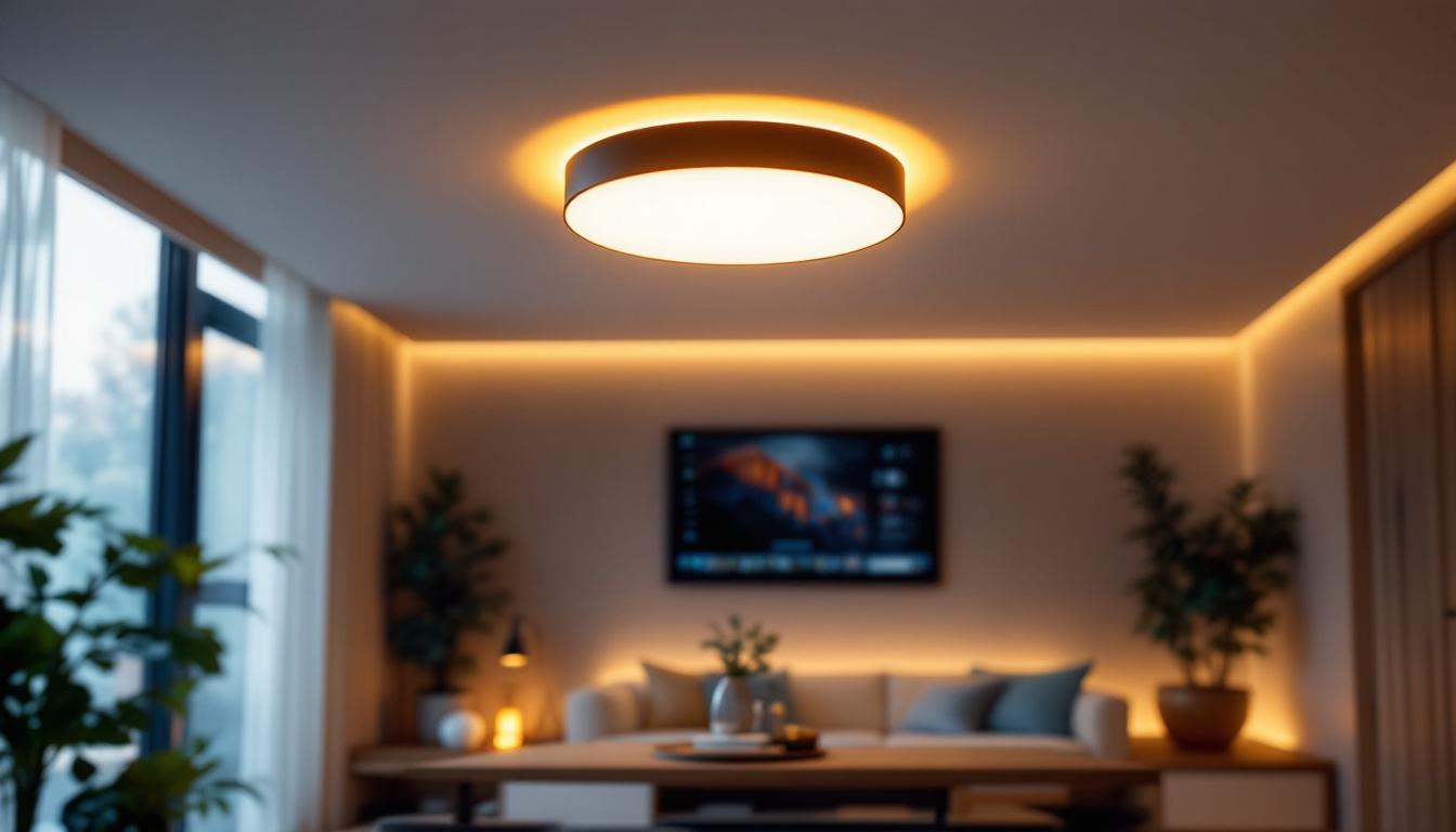 A photograph of a stylish led flush mount ceiling light installed in a modern home setting
