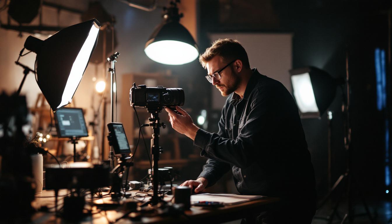 A photograph of a lighting engineer at work