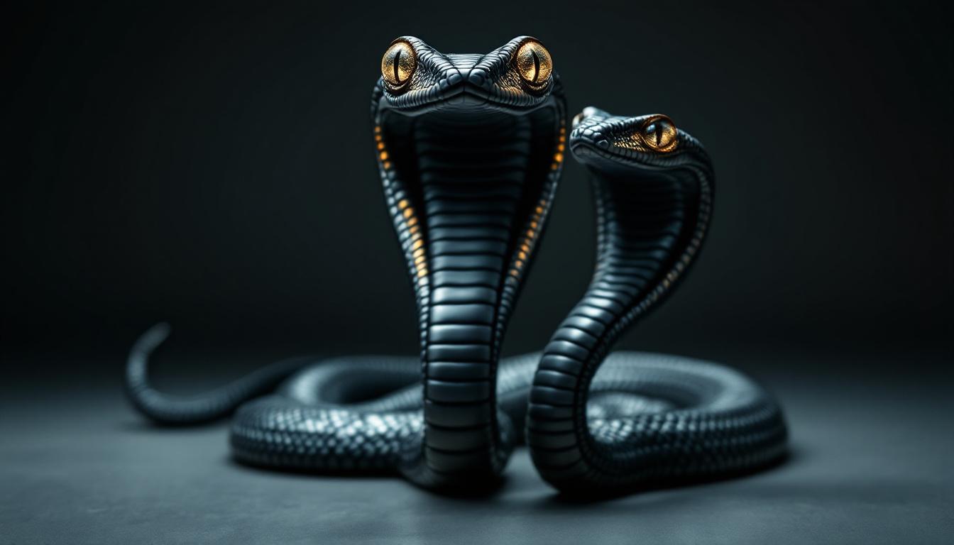 A photograph of a three-headed cobra sculpture or a striking close-up of a three-headed cobra in a dynamic pose