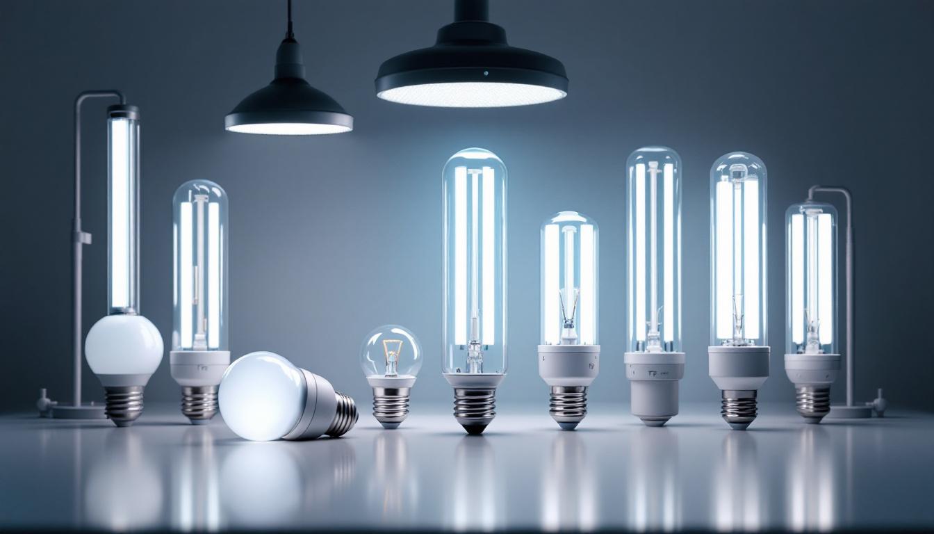 A photograph of capture a photograph of a variety of t5 bulbs displayed alongside advanced lighting fixtures