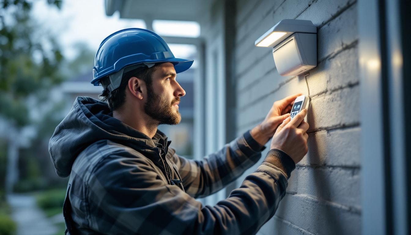 A photograph of a skilled electrical engineer installing or adjusting a security light with a remote control in a residential setting