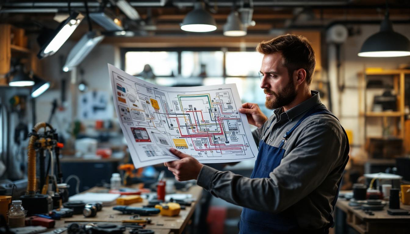A photograph of a skilled electrical engineer analyzing a detailed wiring diagram of russell lighting systems