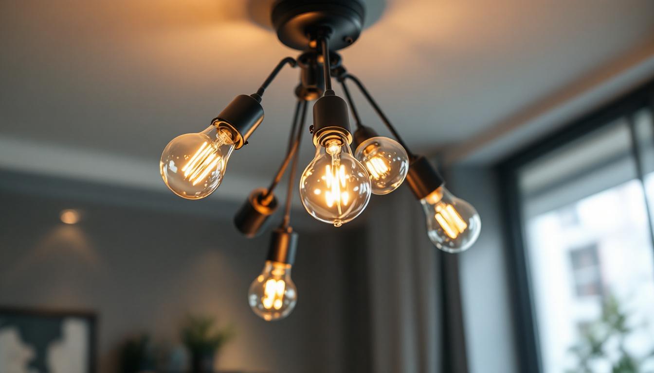 A photograph of a beautifully designed ceiling light fixture featuring multiple bulbs