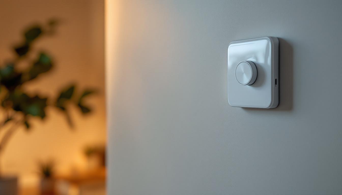 A photograph of a modern smart timer switch installed on a wall next to traditional light switches