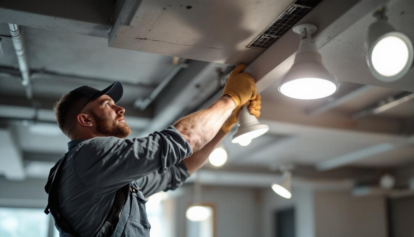 A photograph of a lighting engineer skillfully installing pot lights in a suspended ceiling