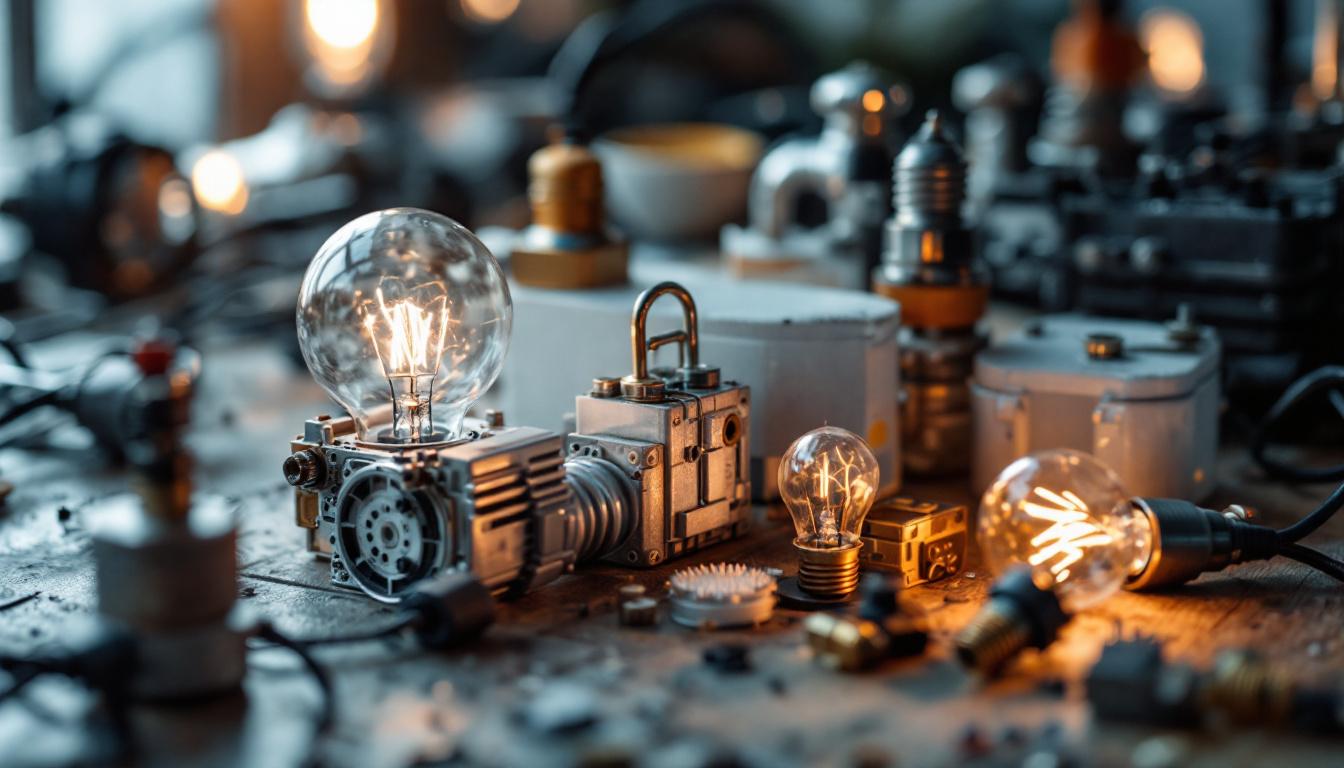 A photograph of a close-up of a bulb ballast alongside various types of lighting fixtures and electrical components