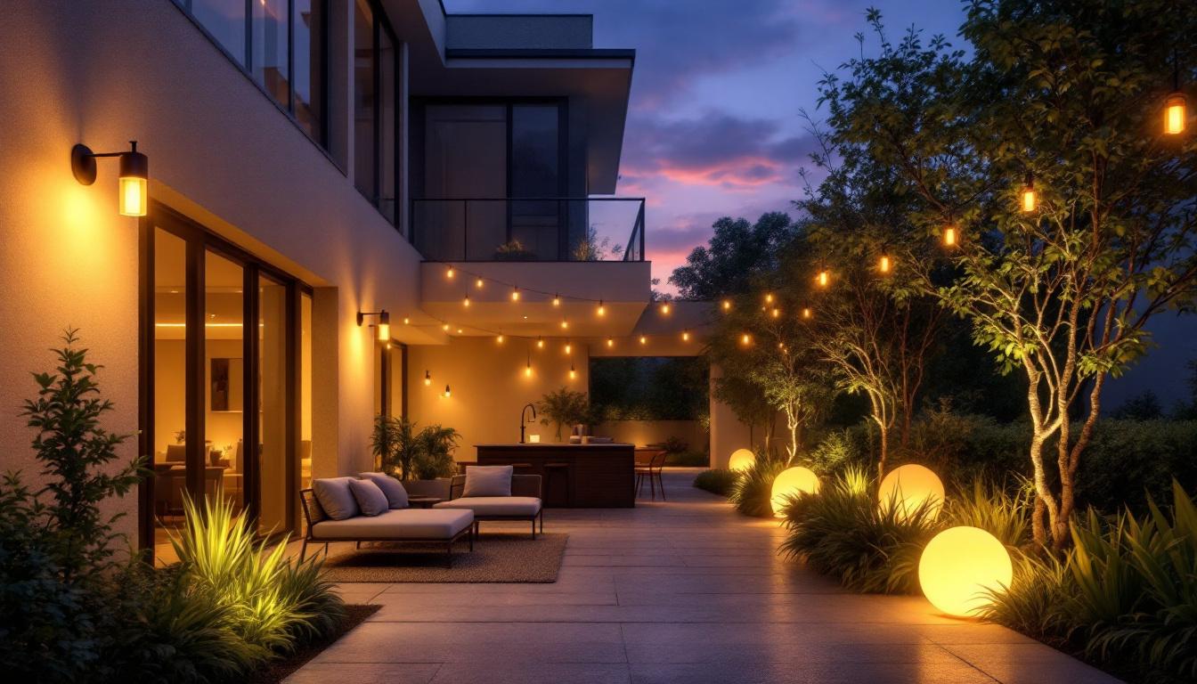 A photograph of a beautifully illuminated outdoor space at dusk