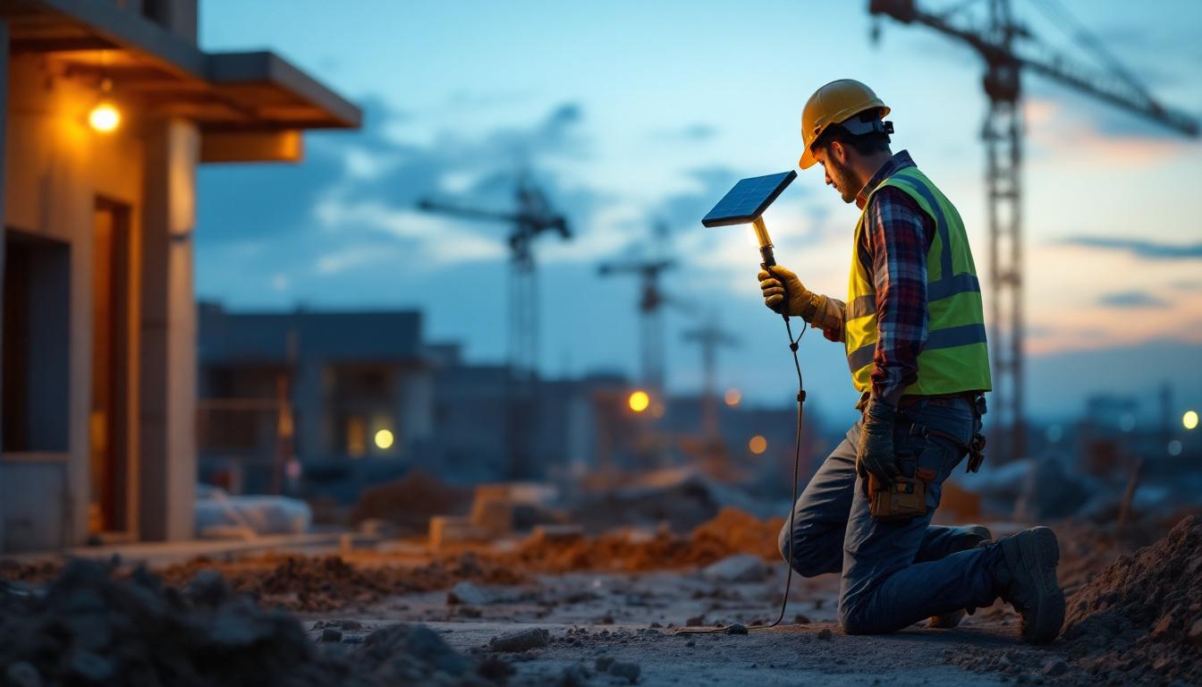 A photograph of a solar work light in action at a construction site during dusk