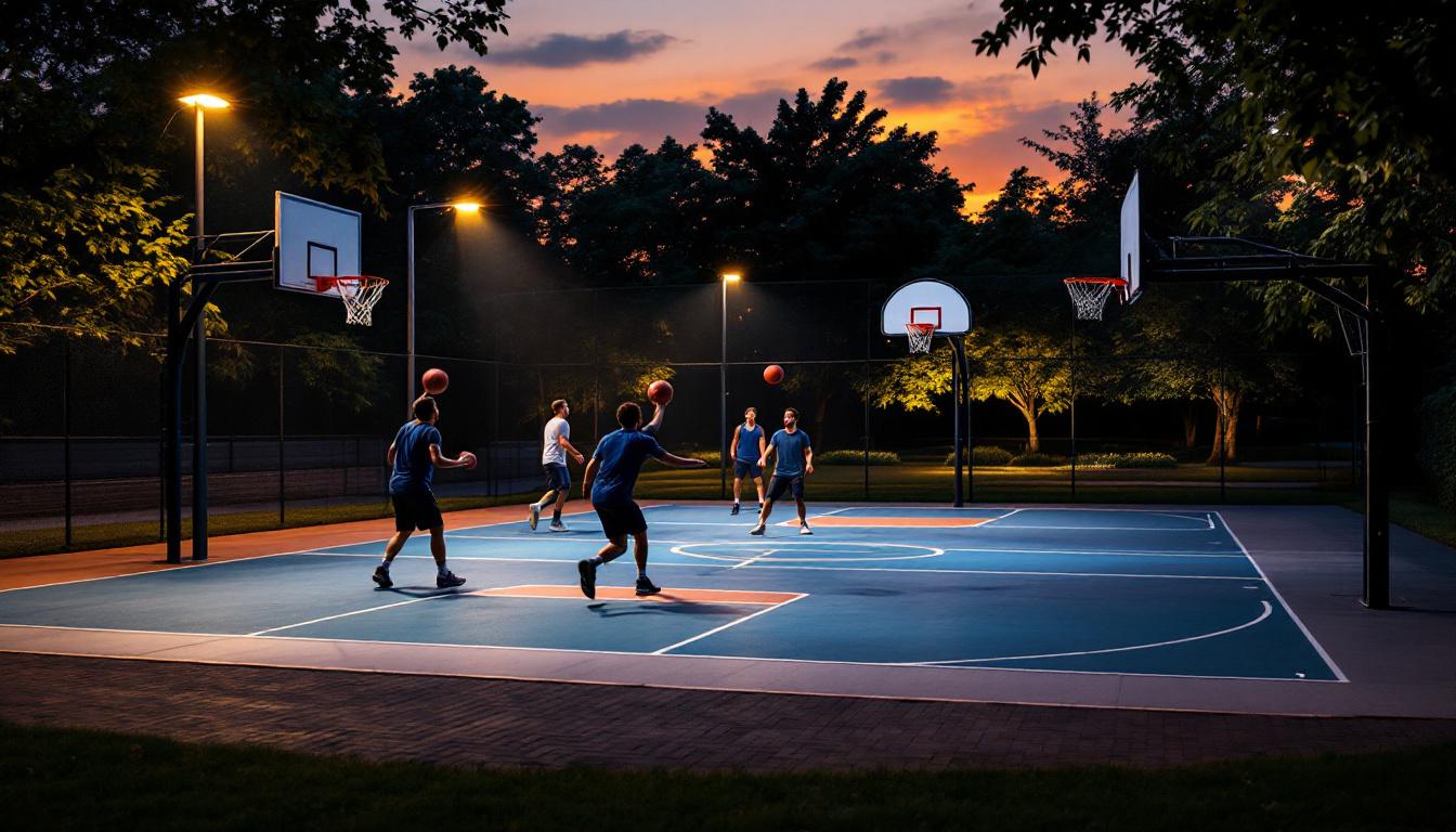 A photograph of a well-lit outdoor basketball court at dusk