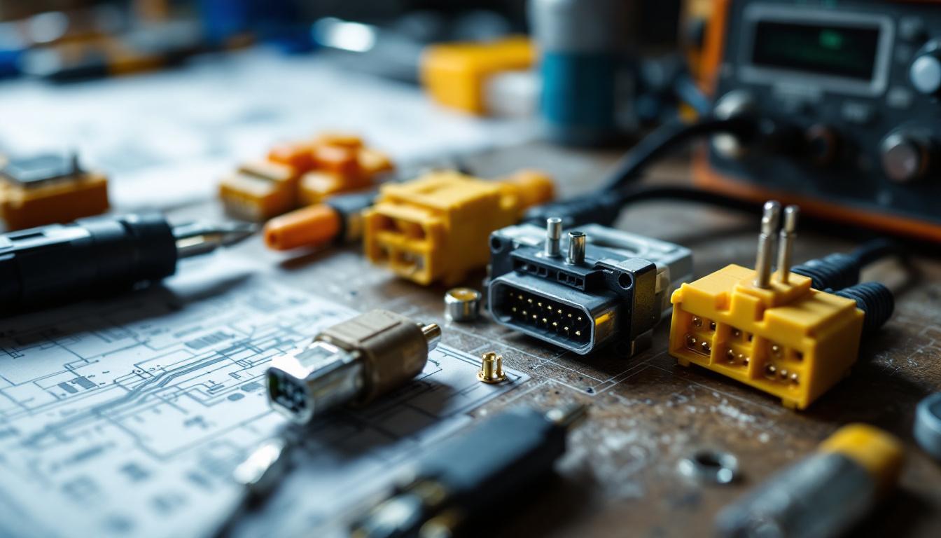 A photograph of a close-up of various cable connectors and electrical components arranged on a workbench