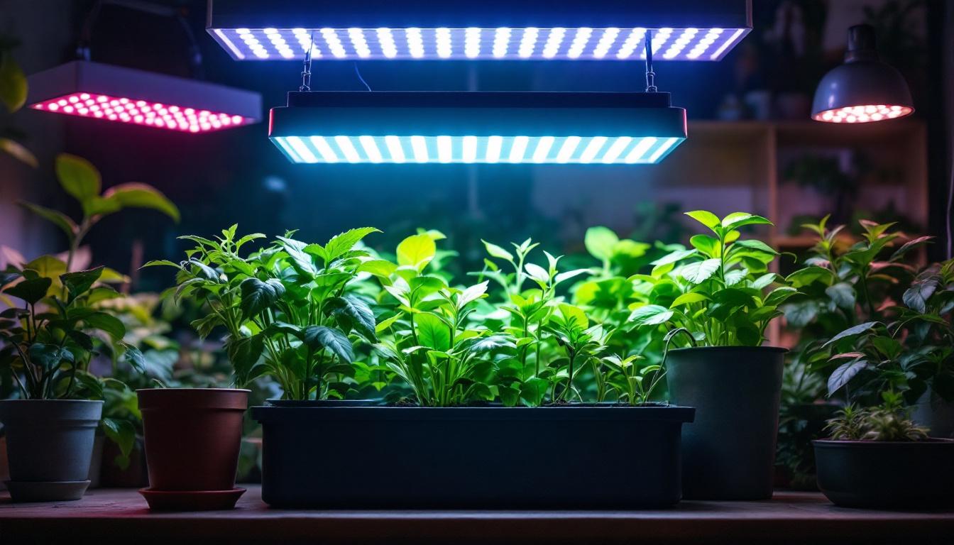 A photograph of a well-lit indoor gardening setup featuring various big grow lights illuminating healthy plants