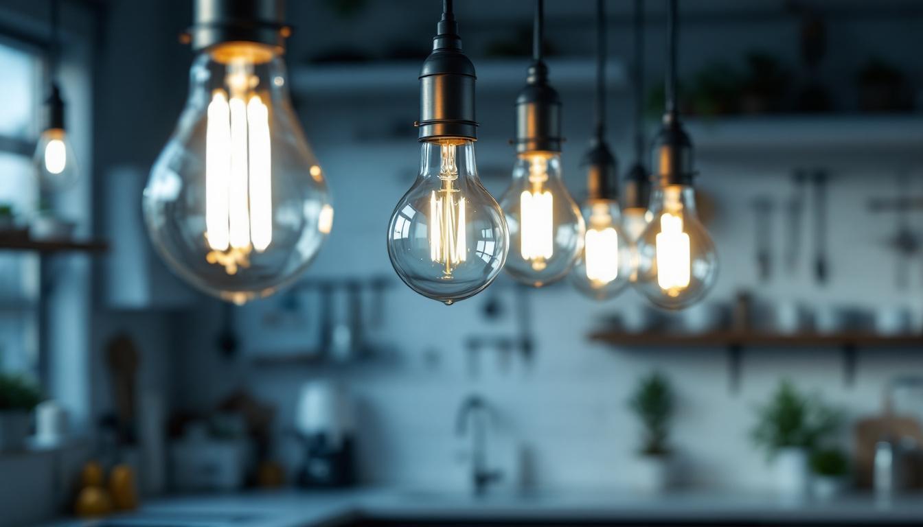 A photograph of a close-up of long kitchen light bulbs installed in a modern kitchen setting
