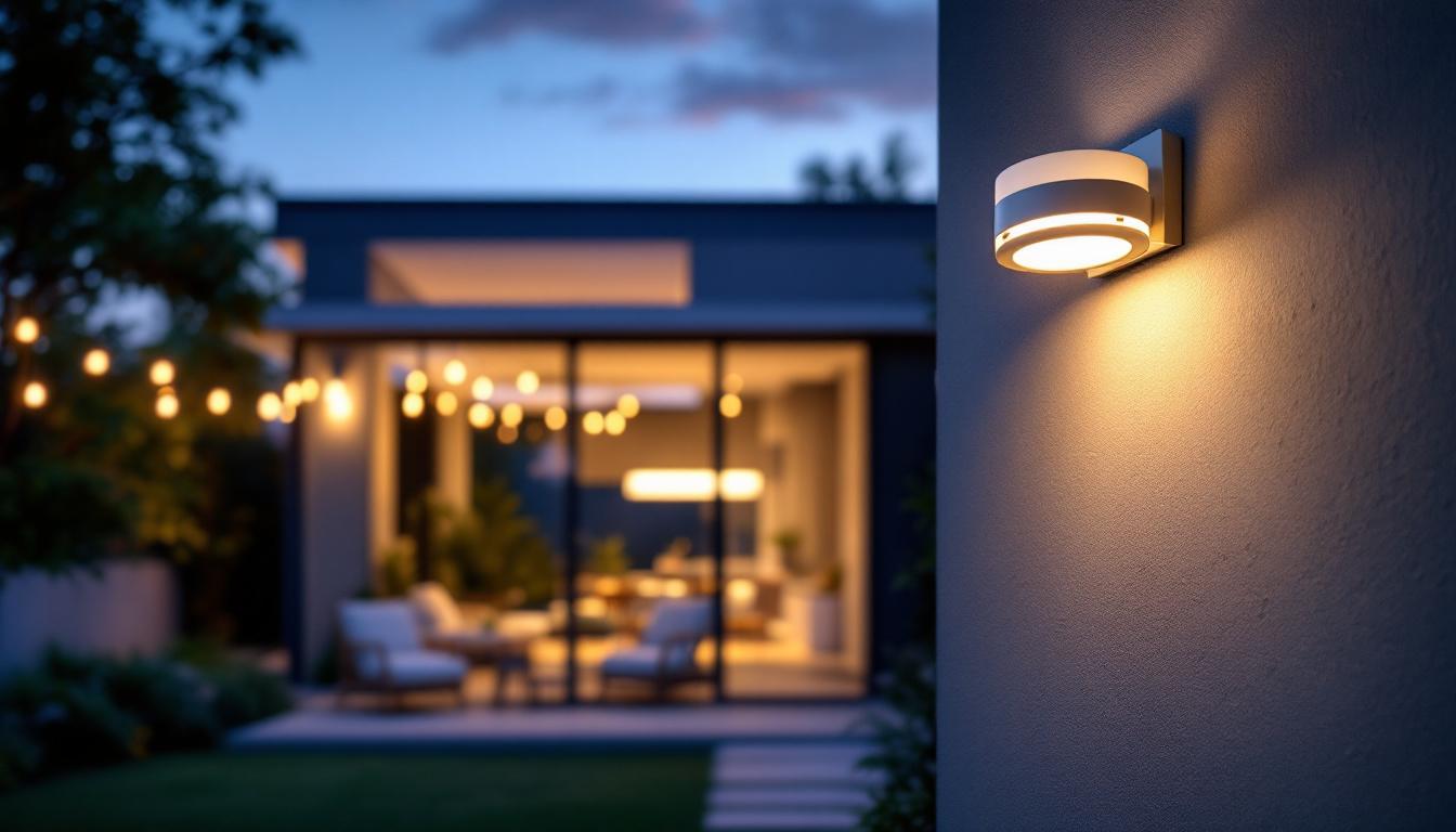 A photograph of a stylish exterior flush mount light fixture installed on a modern home