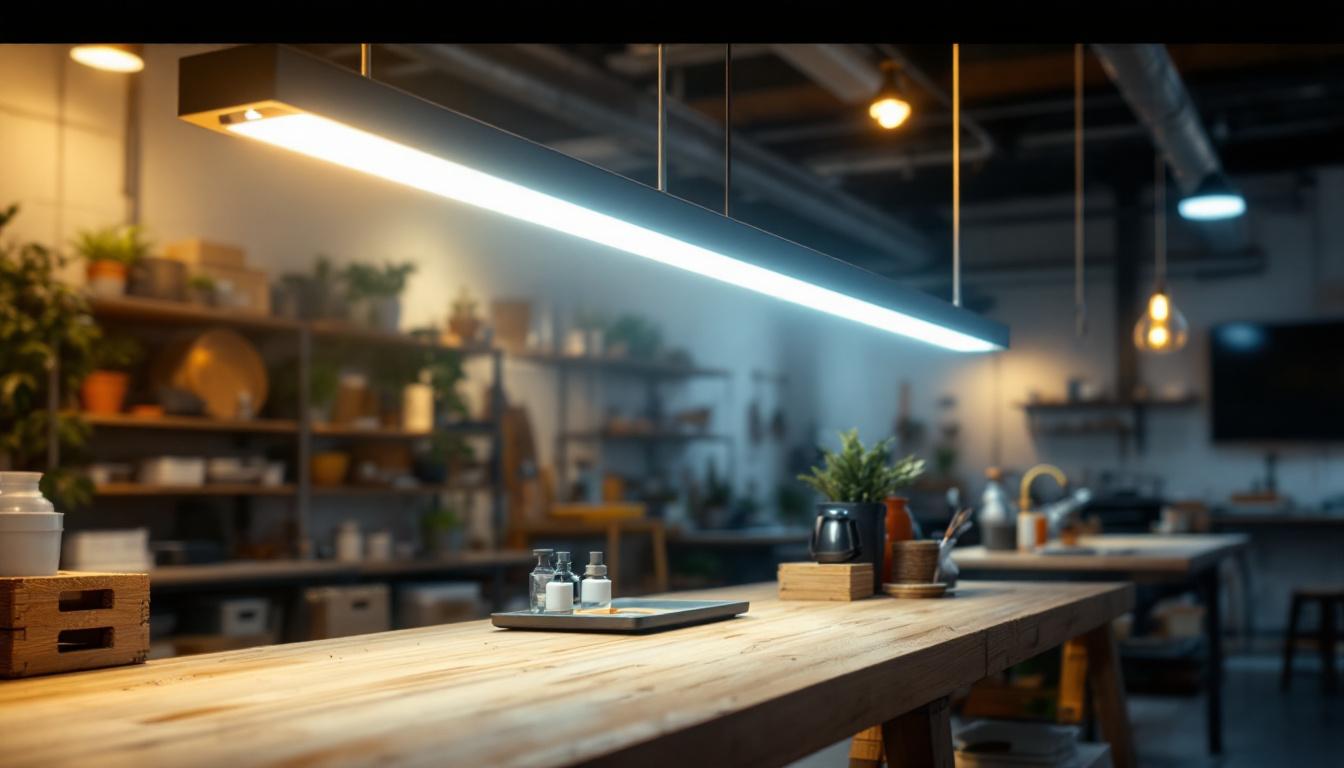 A photograph of a modern workshop or retail space illuminated by sleek t8 led shop lights