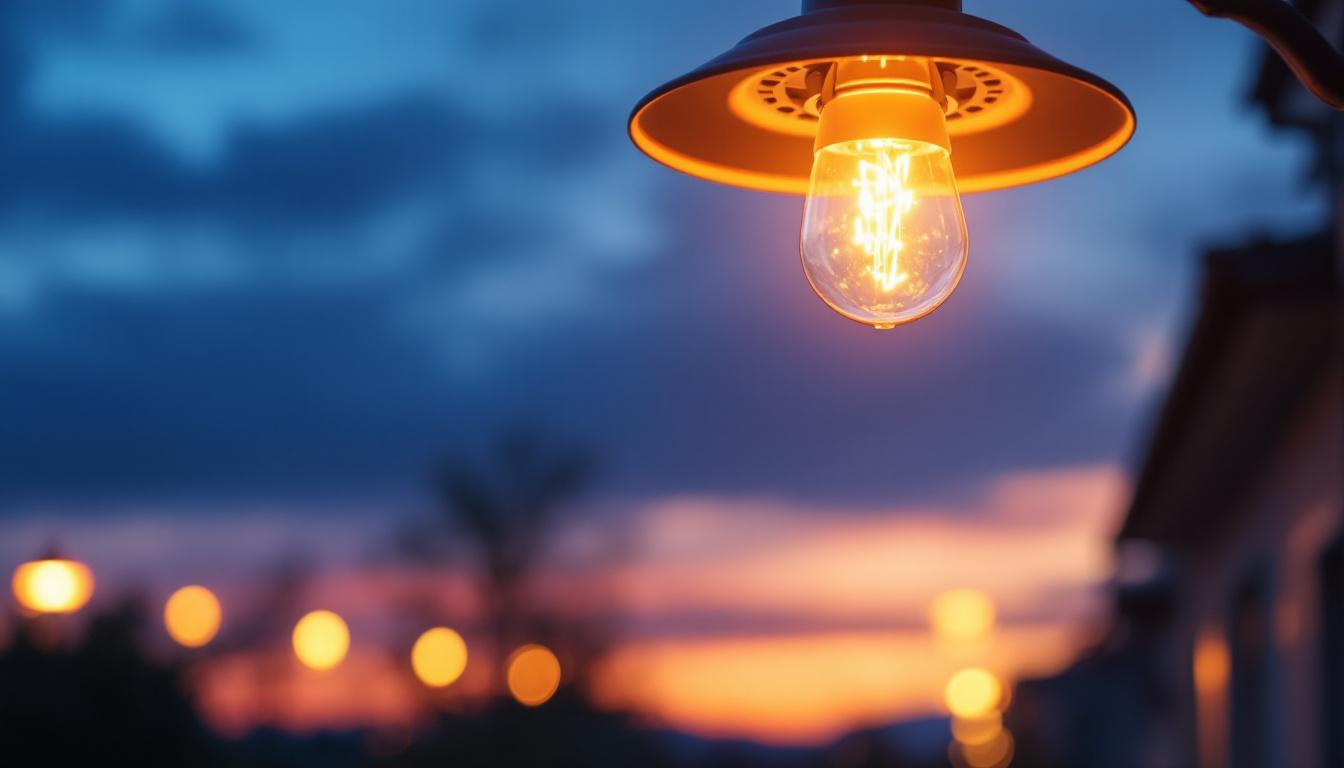 A photograph of a sodium halide lamp illuminating a well-lit outdoor scene at dusk