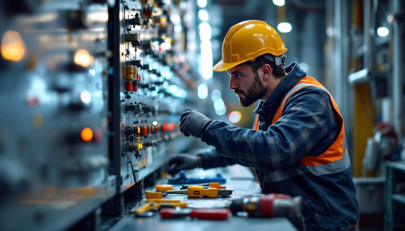 A photograph of an electrical engineer examining a ballast in a well-lit industrial setting