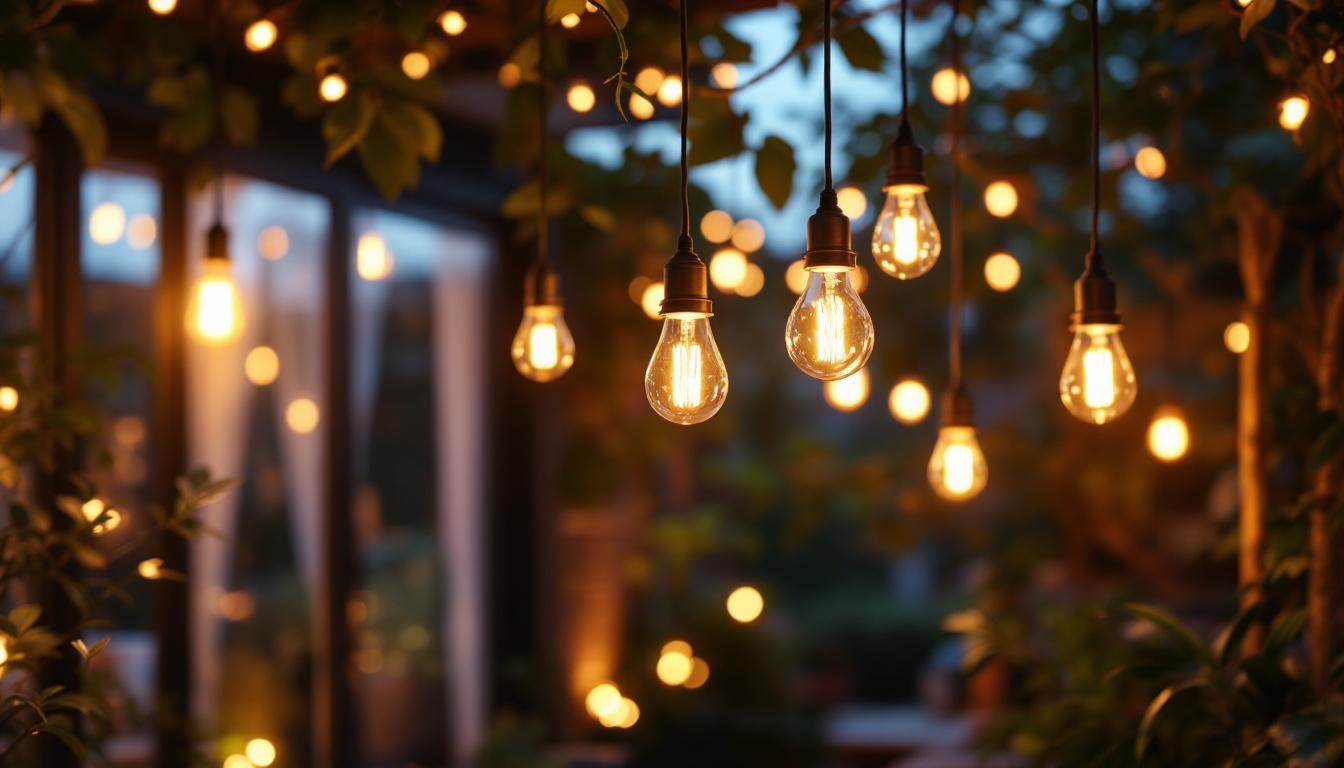 A photograph of a beautifully illuminated outdoor space featuring low voltage pendant lights