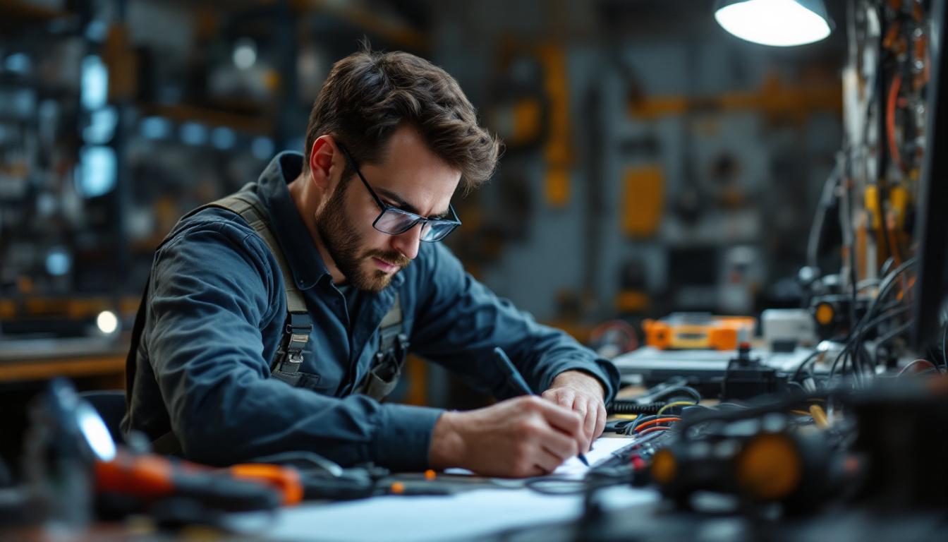 A photograph of a skilled electrical engineer working intently at a workstation