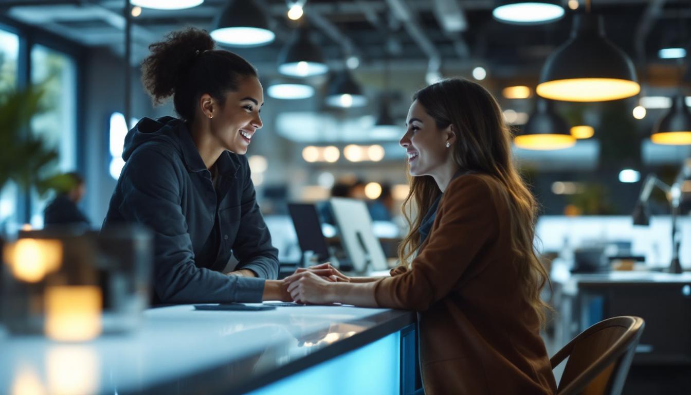 A photograph of a ge lighting customer service representative engaging with a customer