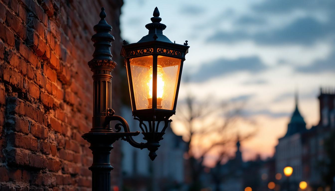 A photograph of capture a photograph of a beautifully restored vintage gas street lamp at dusk