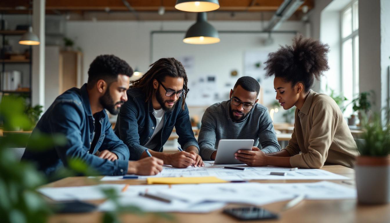 A photograph of a diverse group of engineers collaborating around a table filled with blueprints