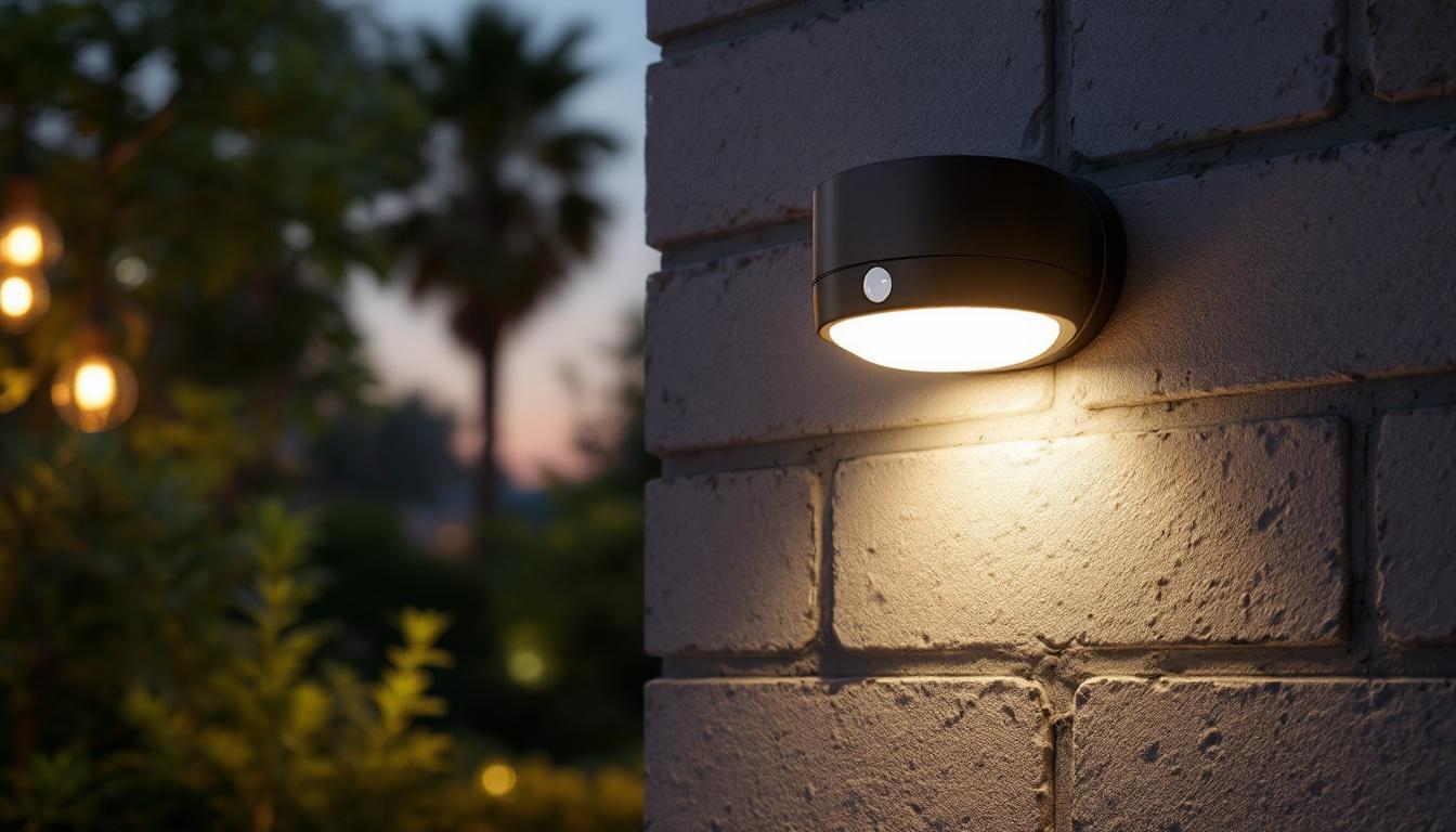 A photograph of a sleek 12-volt motion detector light installed in an outdoor setting