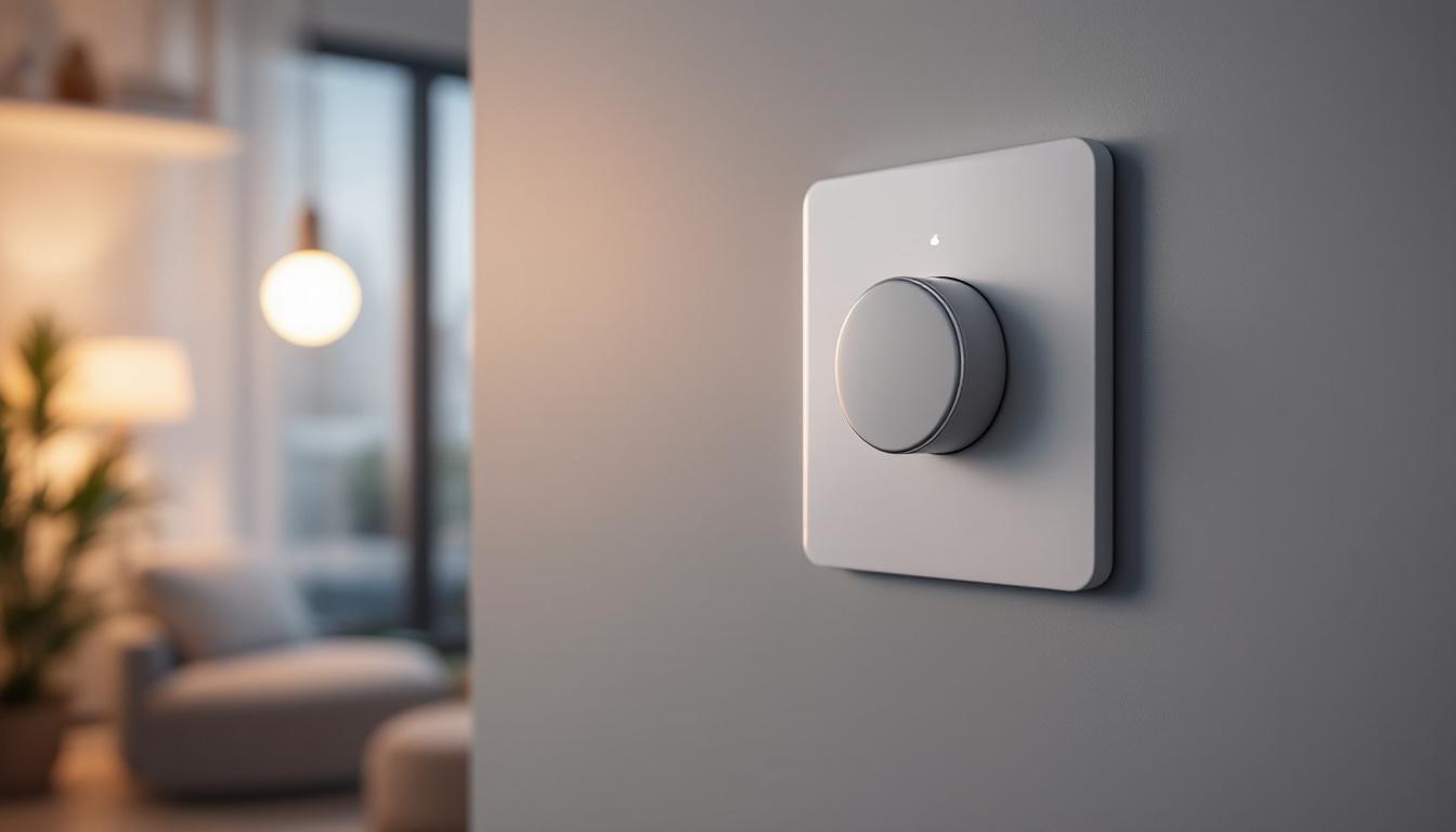 A photograph of a modern electronic timer switch installed in a stylish home lighting setup