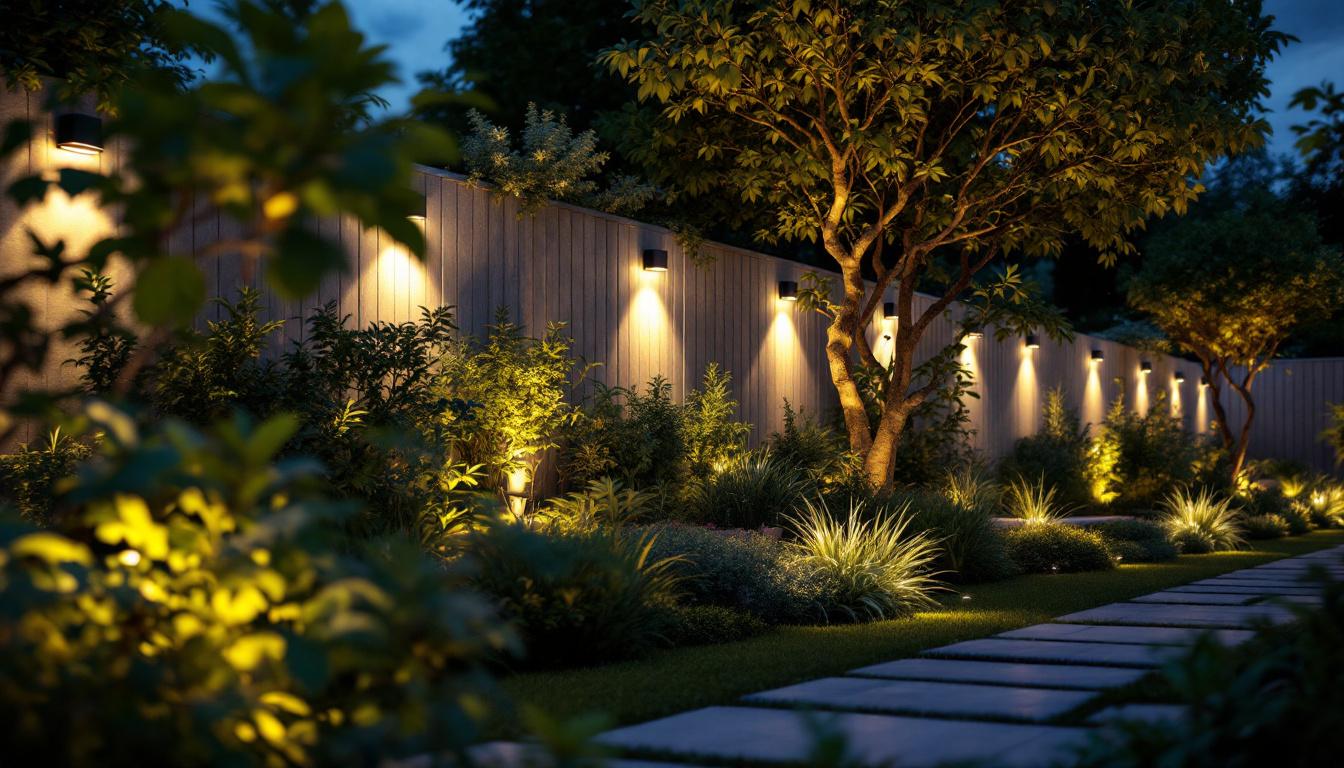A photograph of a well-lit outdoor space featuring led flood lights illuminating a garden or patio area at dusk