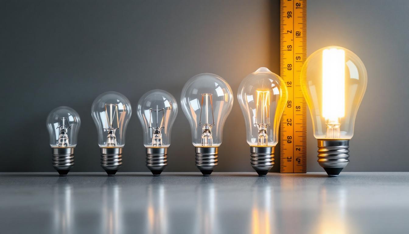 A photograph of a variety of t8 fluorescent bulbs displayed alongside a measuring tape or ruler
