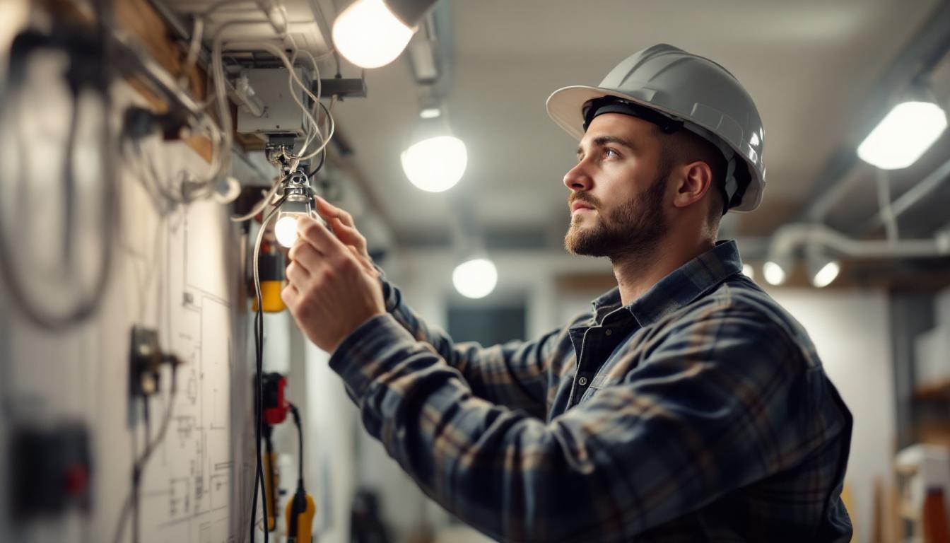 A photograph of an electrical engineer working on a track lighting installation