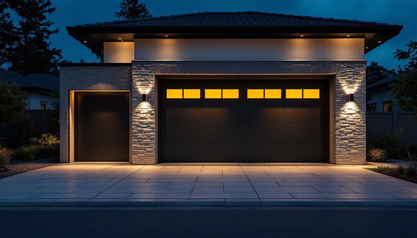 A photograph of a beautifully illuminated exterior garage showcasing various stylish and functional lighting options
