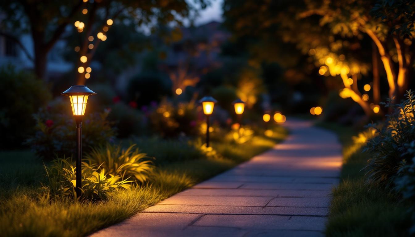 A photograph of a beautifully illuminated pathway lined with solar lights at dusk