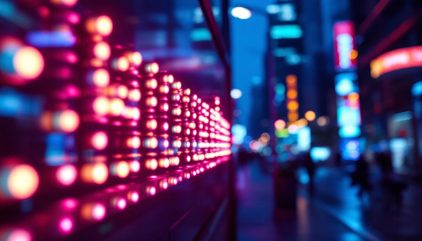 A photograph of a vibrant backlit sign illuminated by led lights in a dynamic urban setting