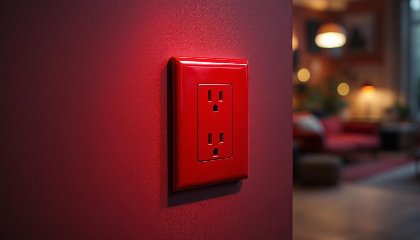 A photograph of a vibrant red electrical wall outlet installed in a stylish interior setting