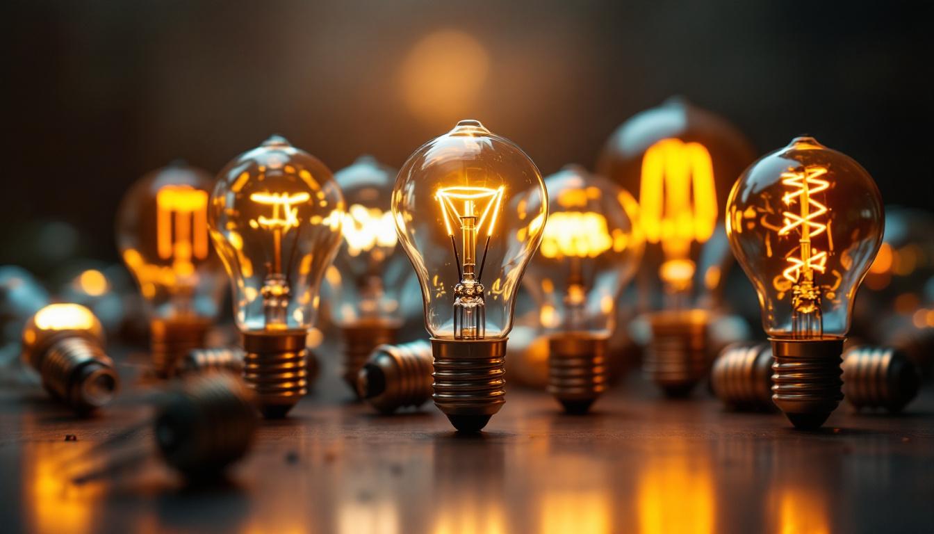 A photograph of a close-up shot of a variety of light bulbs arranged artistically