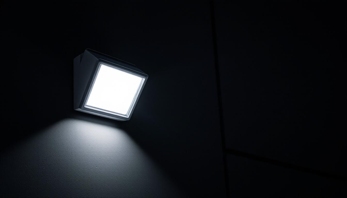 A photograph of a wall pack light fixture with an emergency battery backup installed on a building exterior