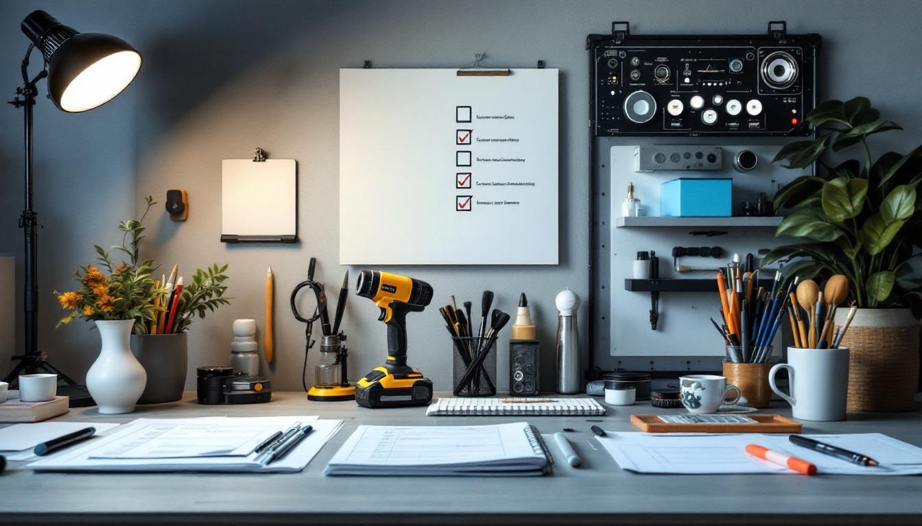 A photograph of a well-organized and visually appealing workspace featuring various lighting fixtures