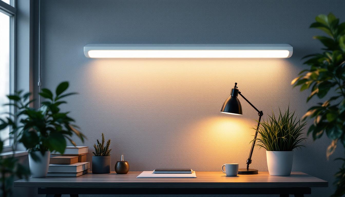 A photograph of a well-lit workspace featuring a 2-foot fluorescent light fixture