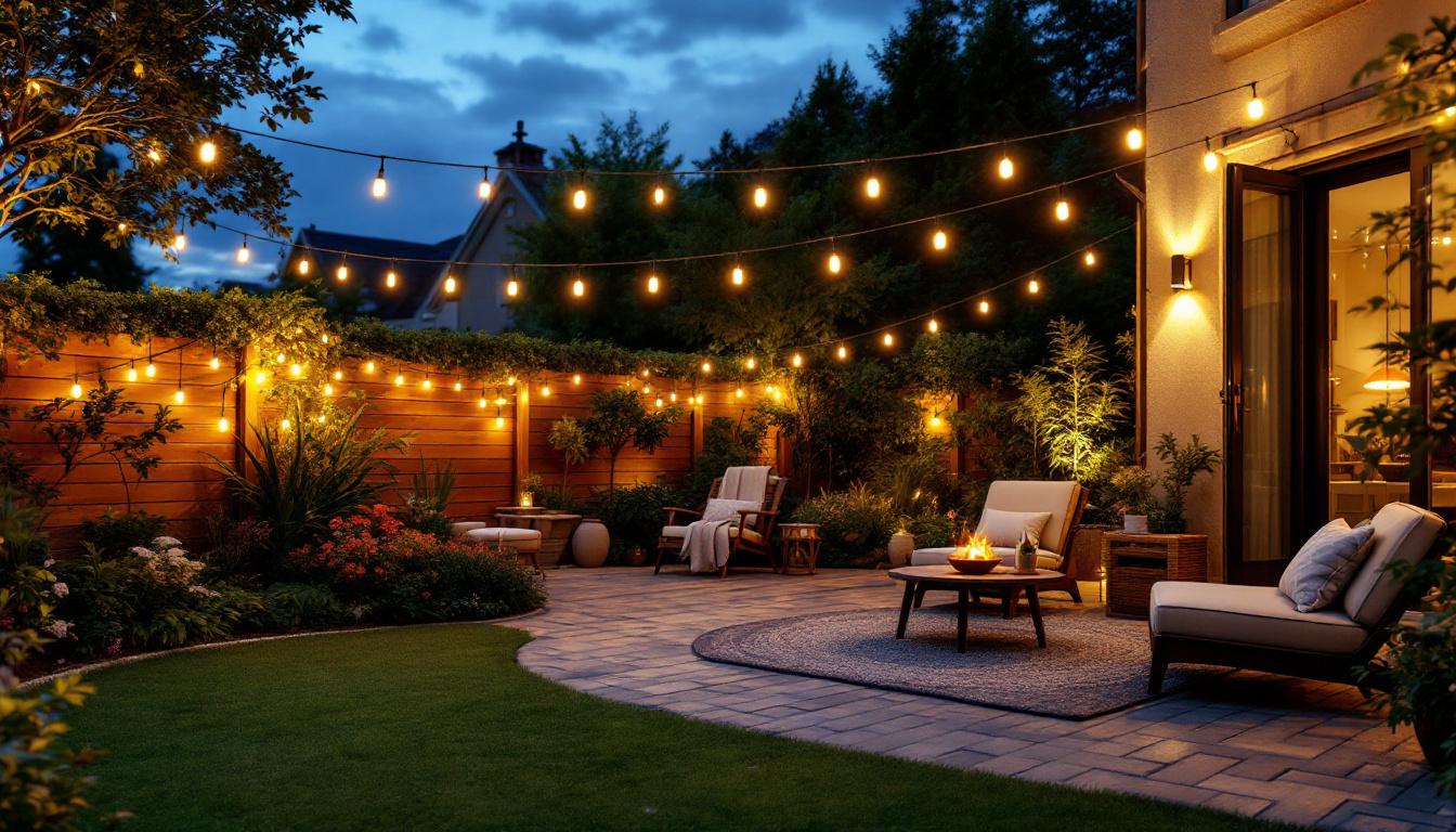 A photograph of a beautifully lit patio at dusk