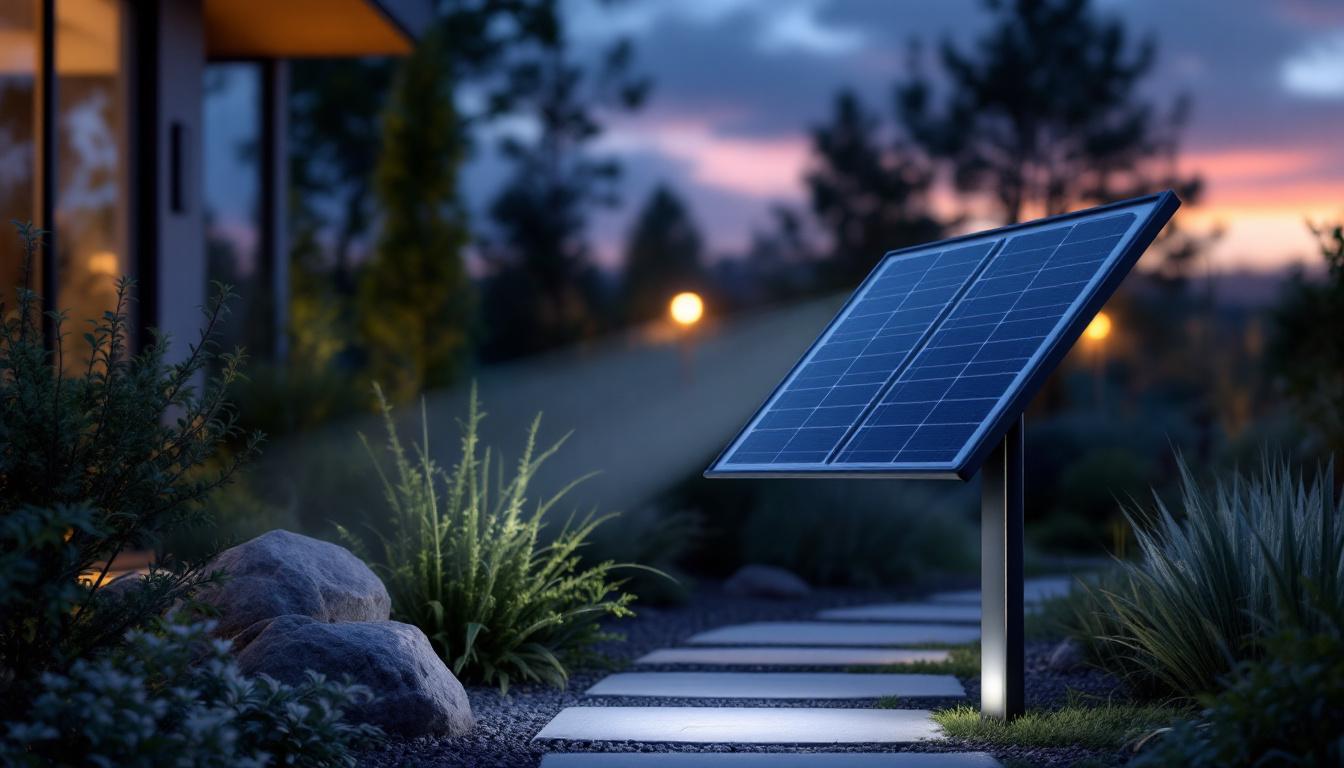 A photograph of a solar panel flood light installed in a landscaped outdoor setting at dusk