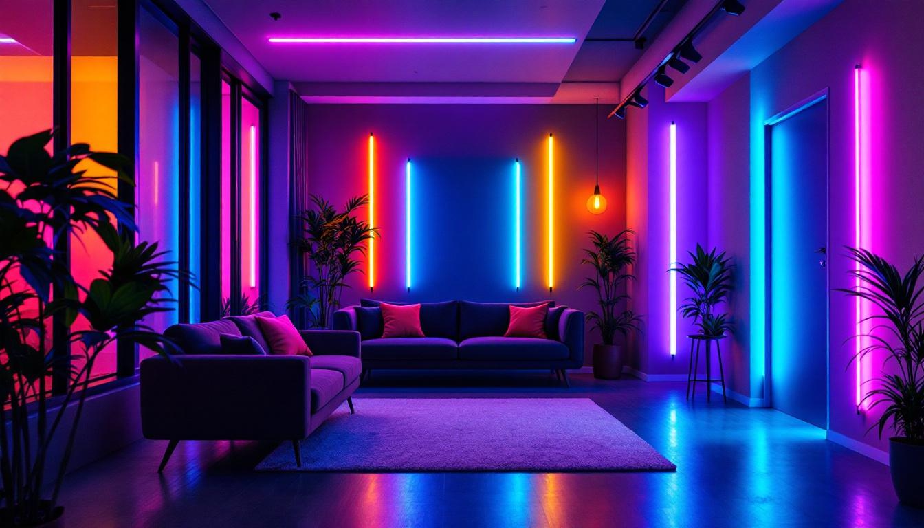 A photograph of a vibrant scene showcasing various color led tube lights in a modern interior setting
